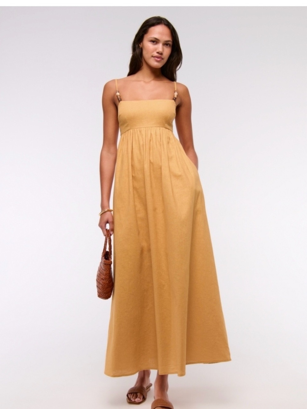 Abercrombie & Fitch Mustard Smocked Maxi Dress with Thin Straps